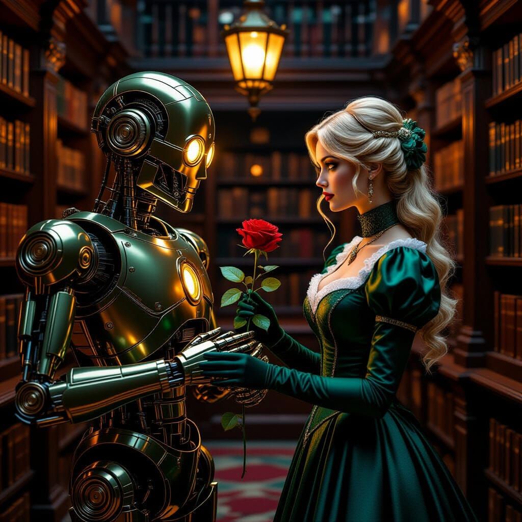 Victorian Robot in Library with Amber Optics