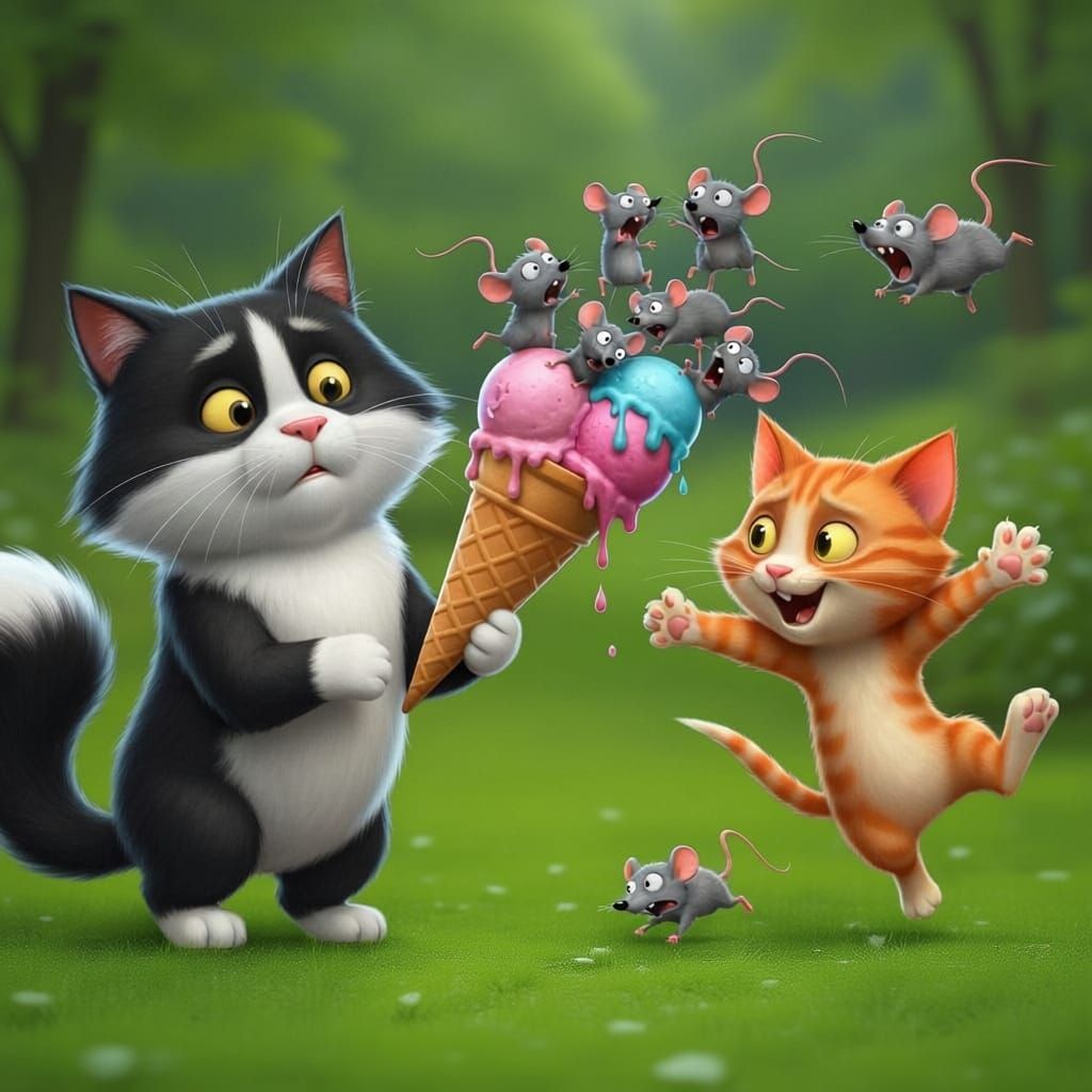 Cartoon Fairytale Cat Chases Mice Ice Cream