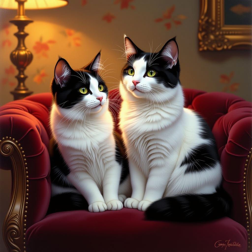 Cat on Velvet Cushion, Detailed Wildlife Illustration