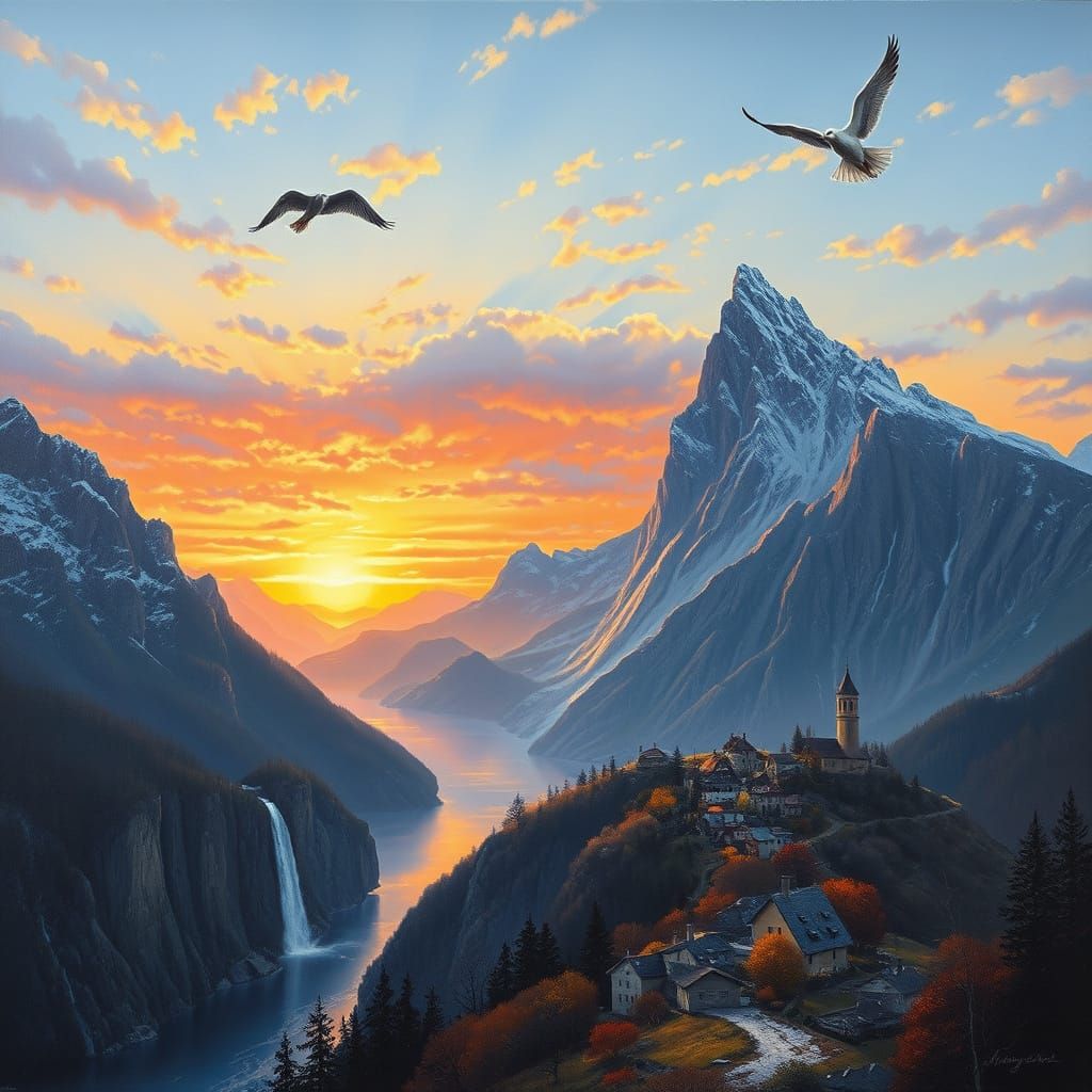 Majestic Mountain Sunset Over Village and Lake Oil Painting