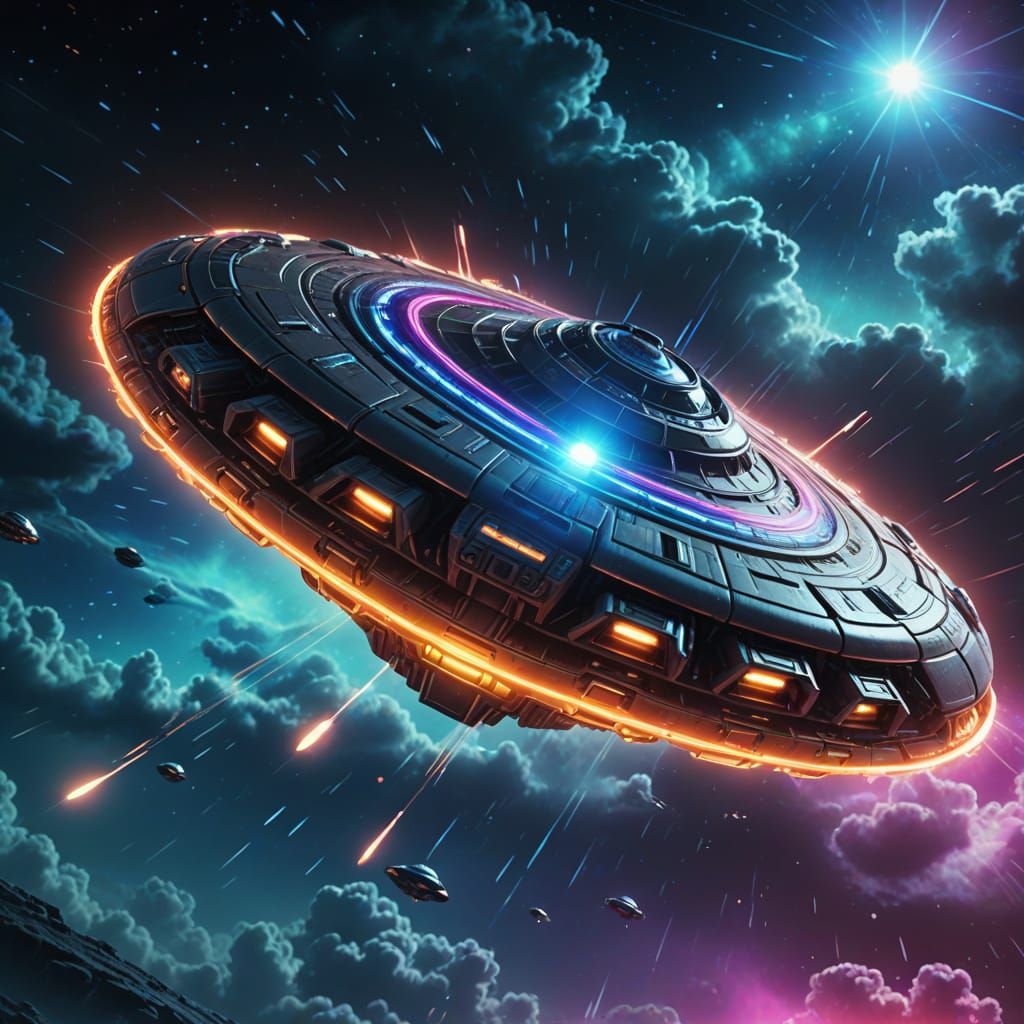 UFO Accelerates in Vibrant Sci-Fi Digital Art