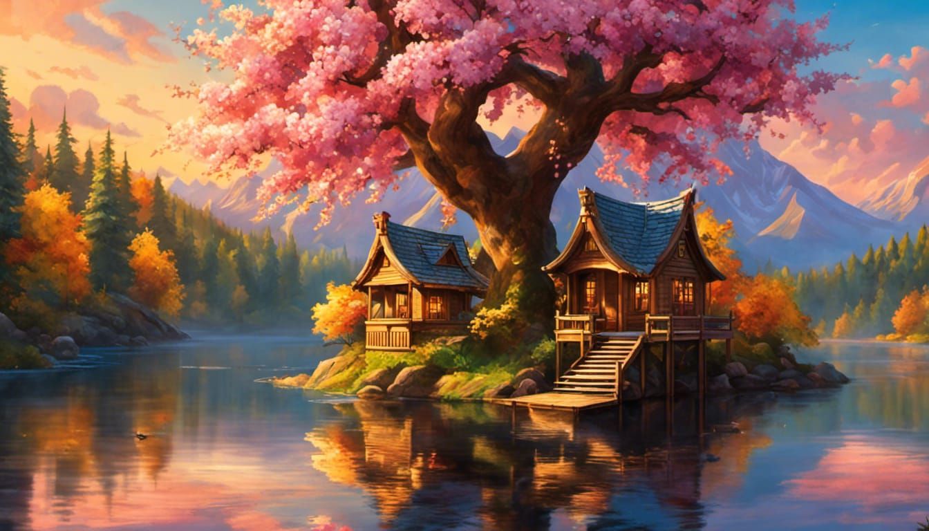 Treehouse at Mountain Lake as Impasto Gouache Painting