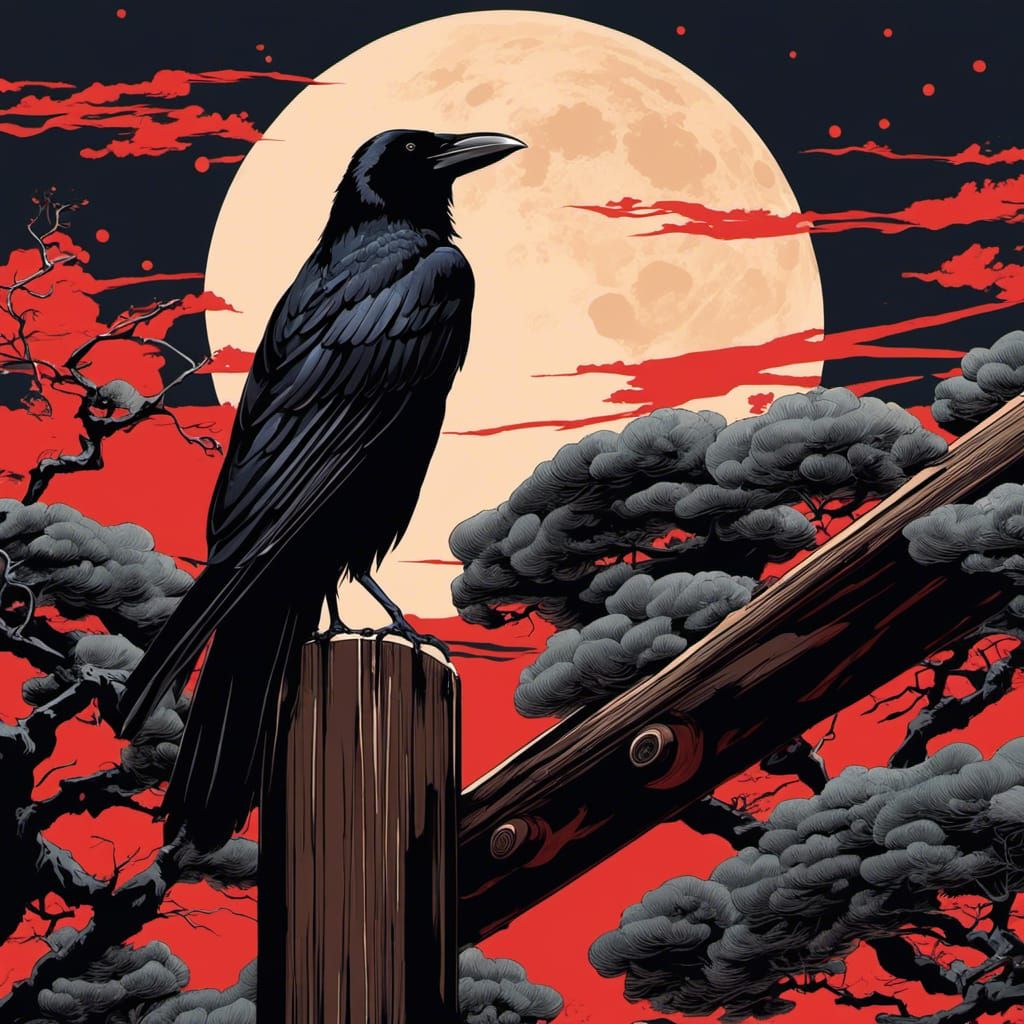 Crow on Pole in Japanese Painting Style