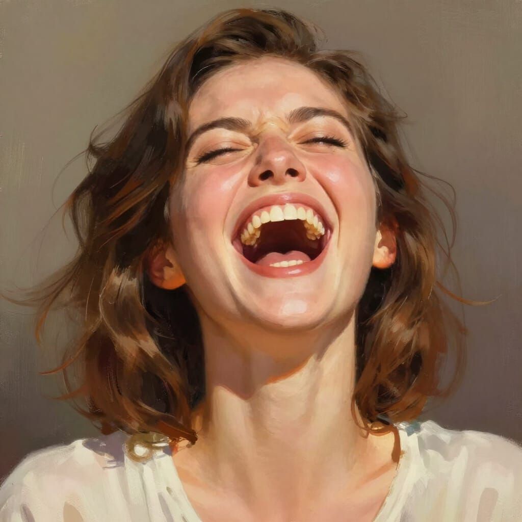 Joyful Woman Laughing in Sunlight, Digital Painting