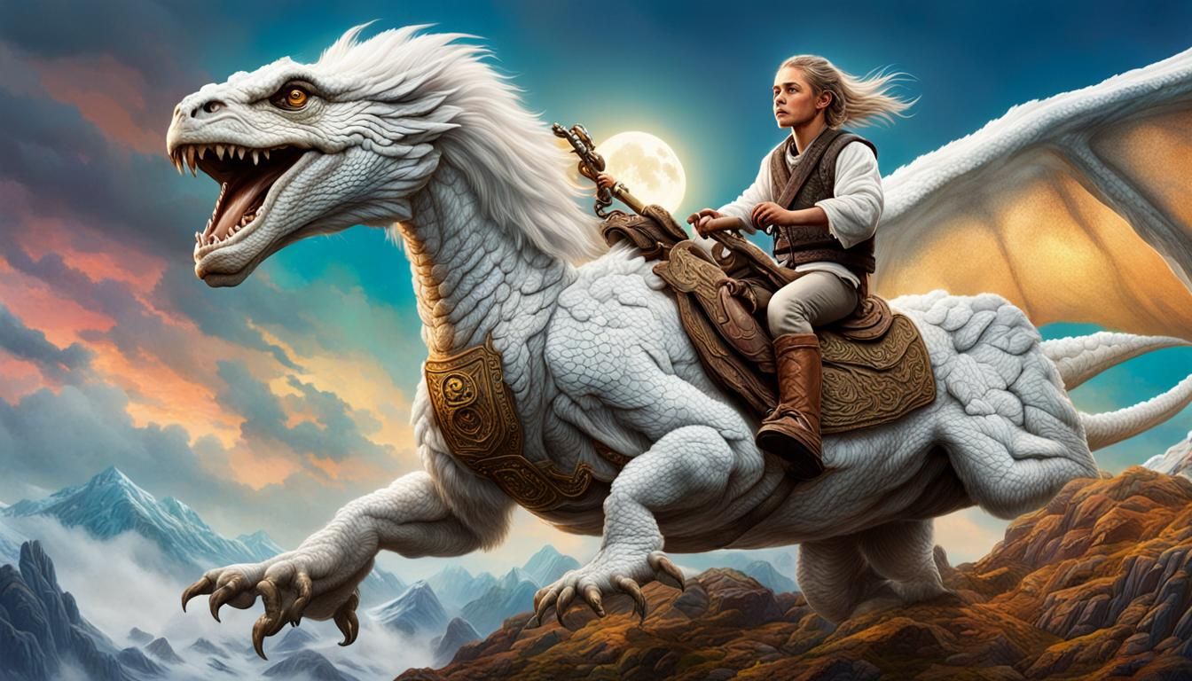 Atreyu and Falkor in Hyperrealistic Splash Art