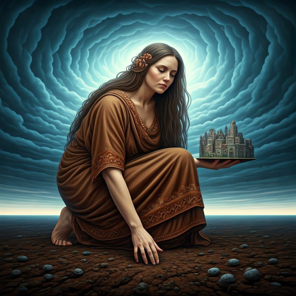 Giant Woman Kneeling with Miniature City