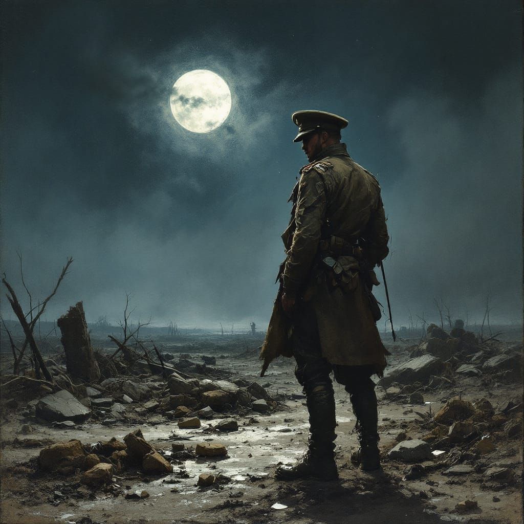 Private Ponders War on Moonlit Battlefield