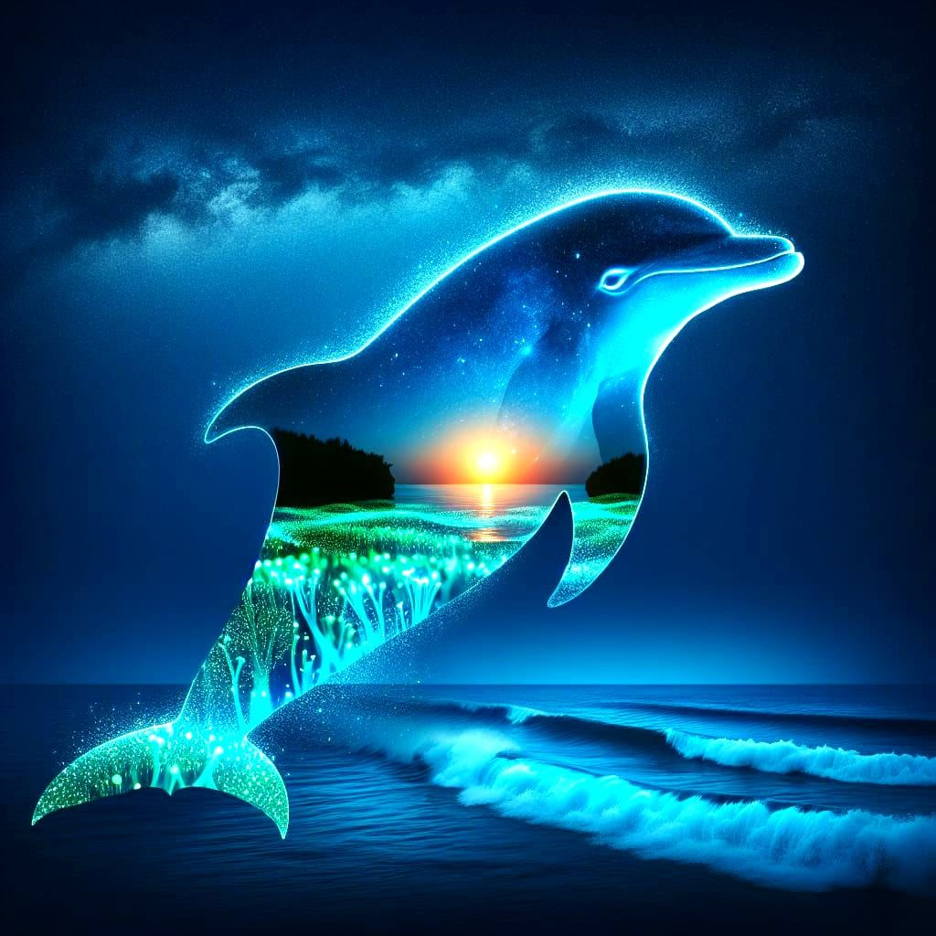 Surreal Dolphin Beach Scene Under Starry Night Sky in Dreaml...