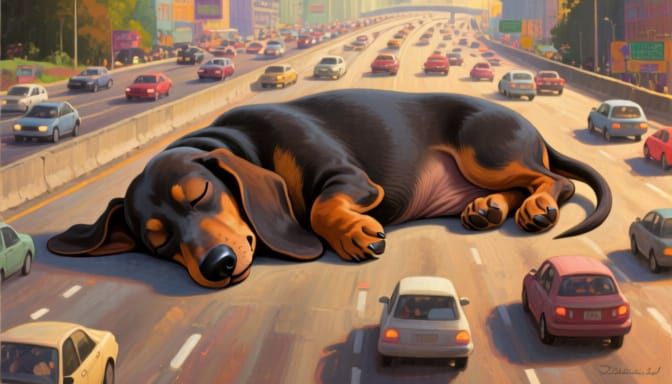 Giant Dachshund Sleeps Peacefully on Busy Highway