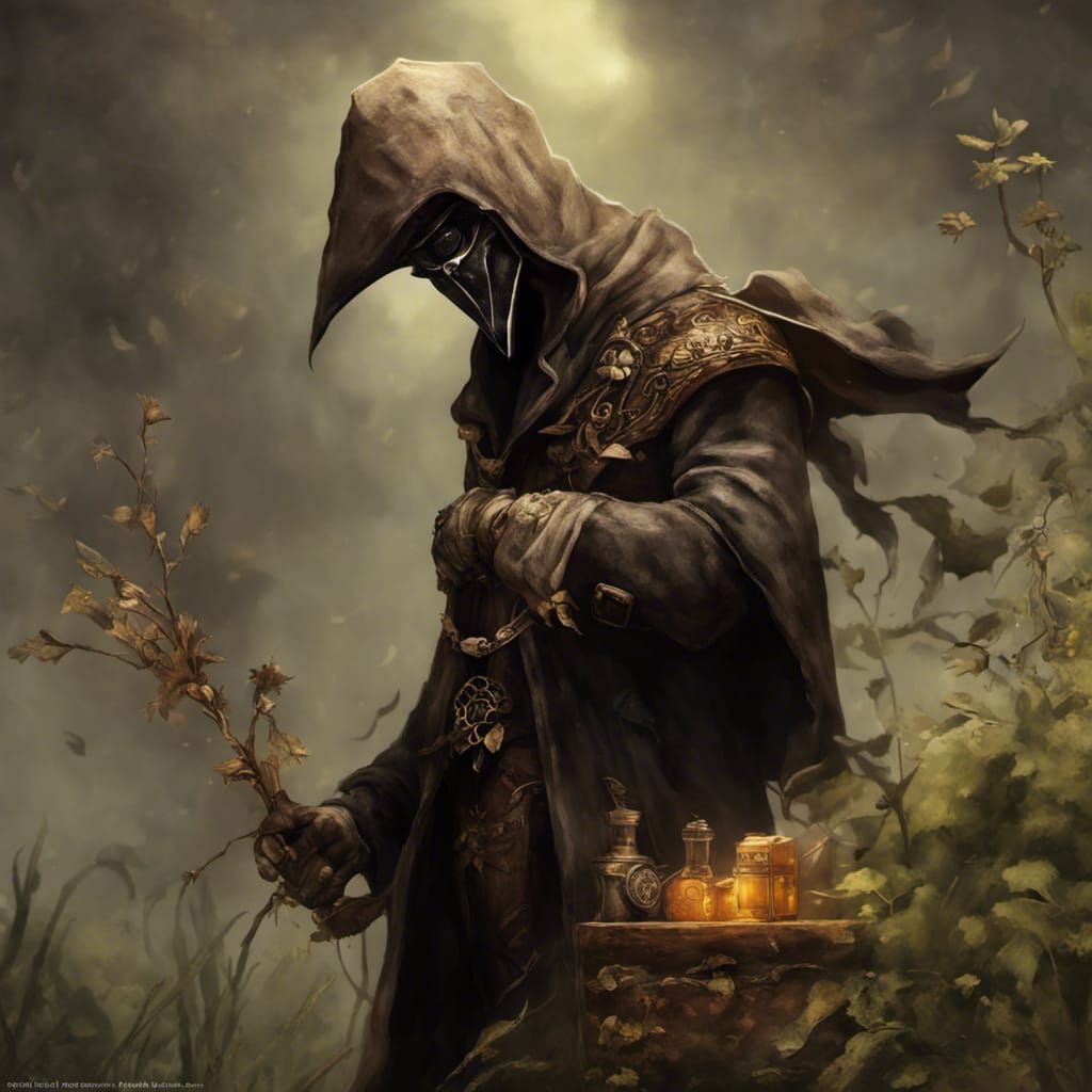 Enigmatic Plague Doctor in Dark Fantasy Apothecary