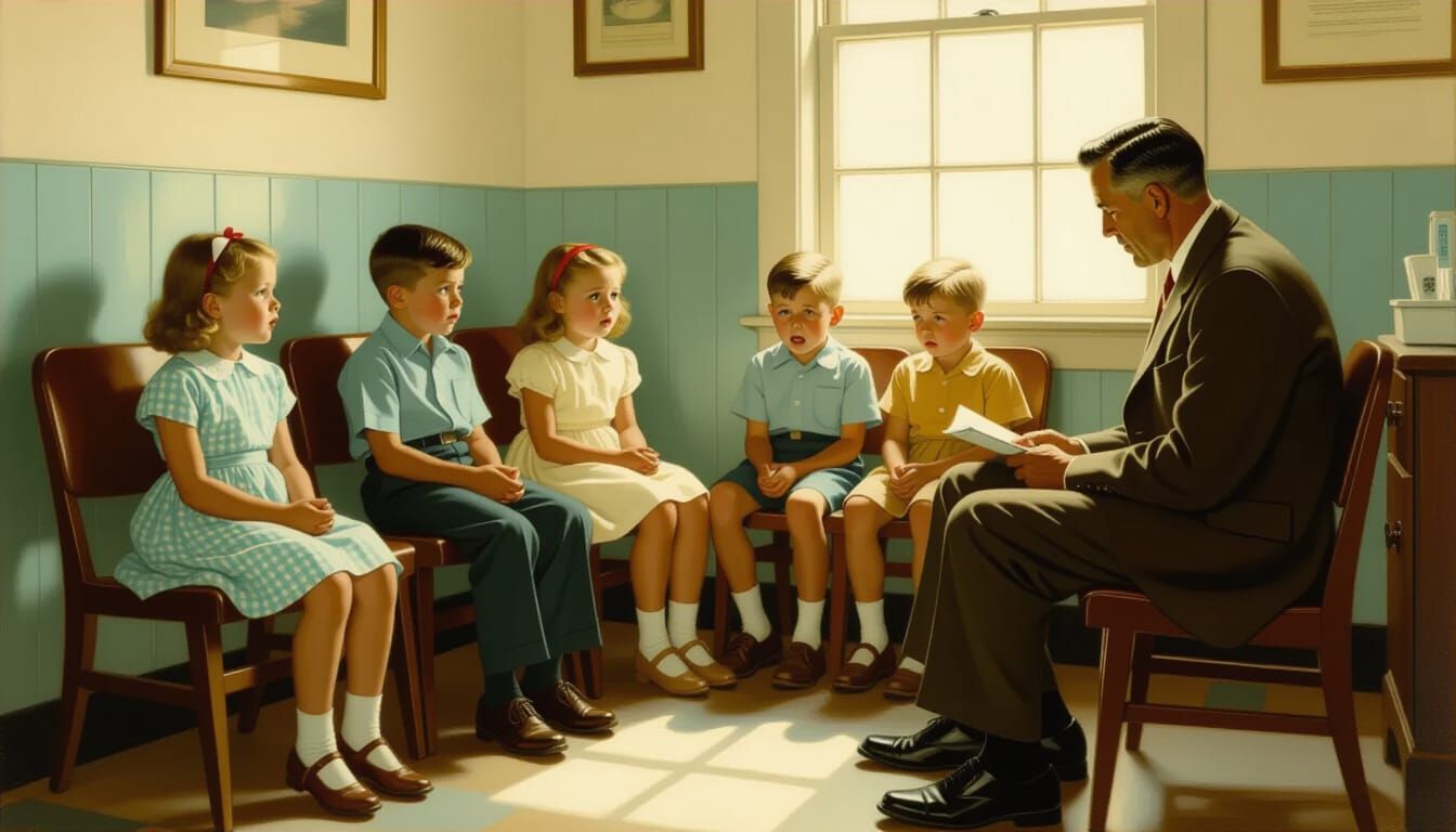 Norman Rockwell Style Dentist Waiting Room Painting