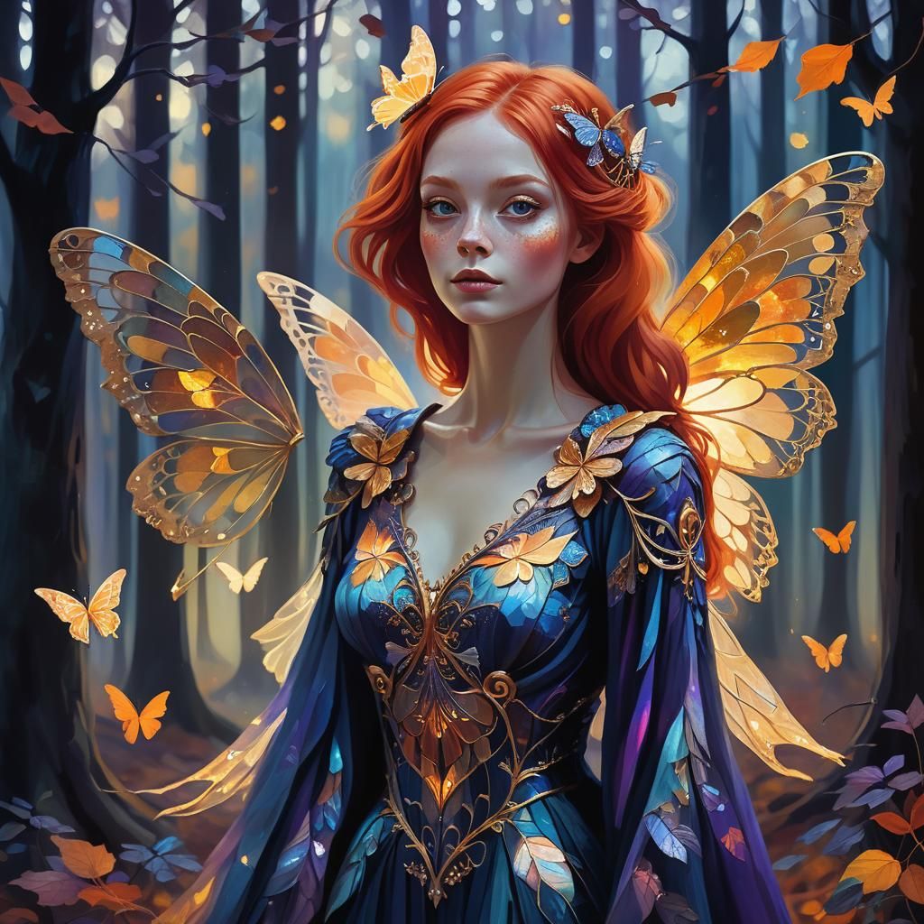 Fantasy Portrait: Woman with Butterfly Wings in Autumn Fores...