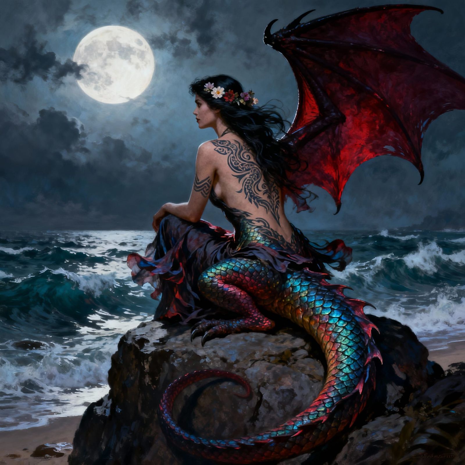 Dragon-Woman Hybrid Seated by the Sea Under Full Moon