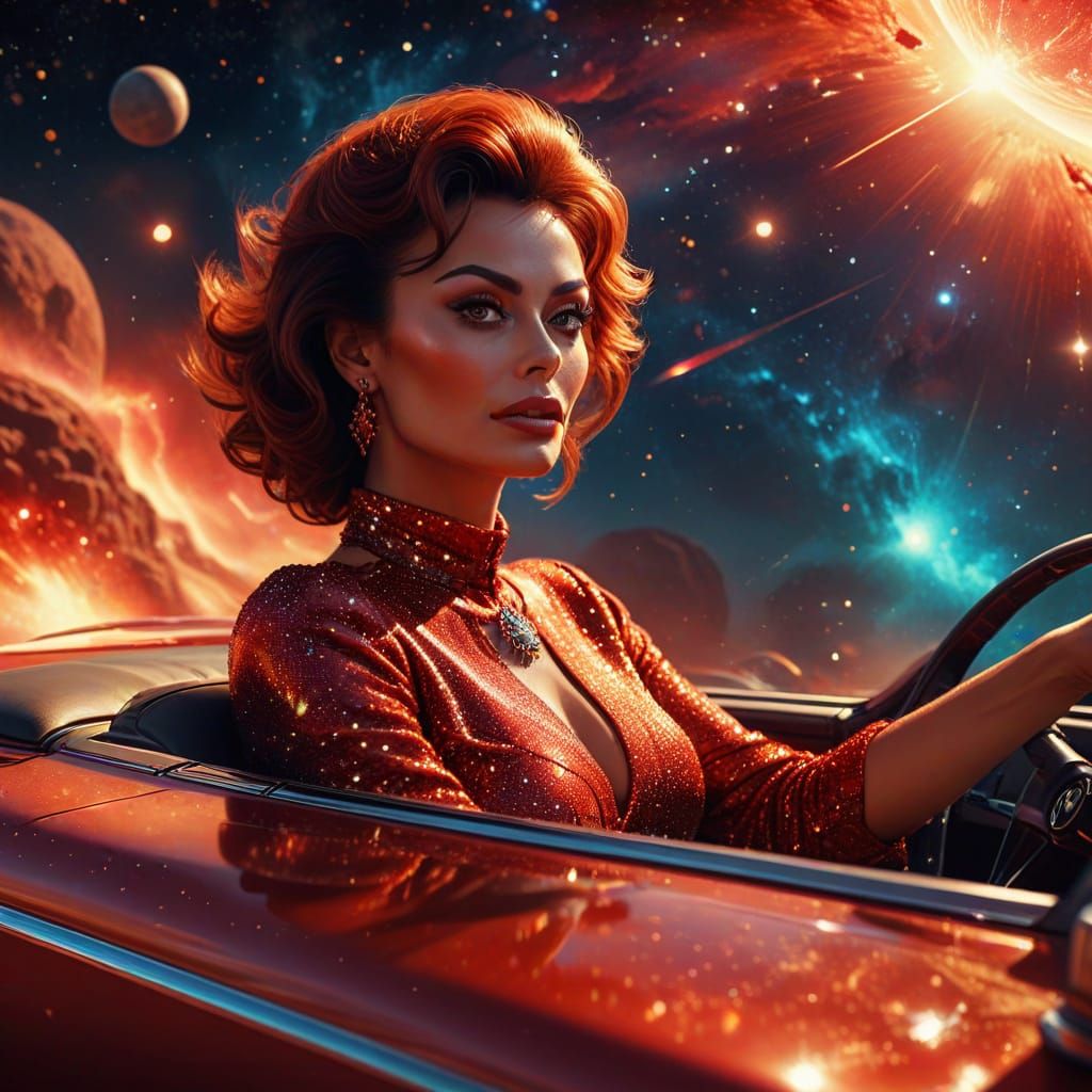 Sophia Loren in Sci-Fi Art Driving a Mercedes