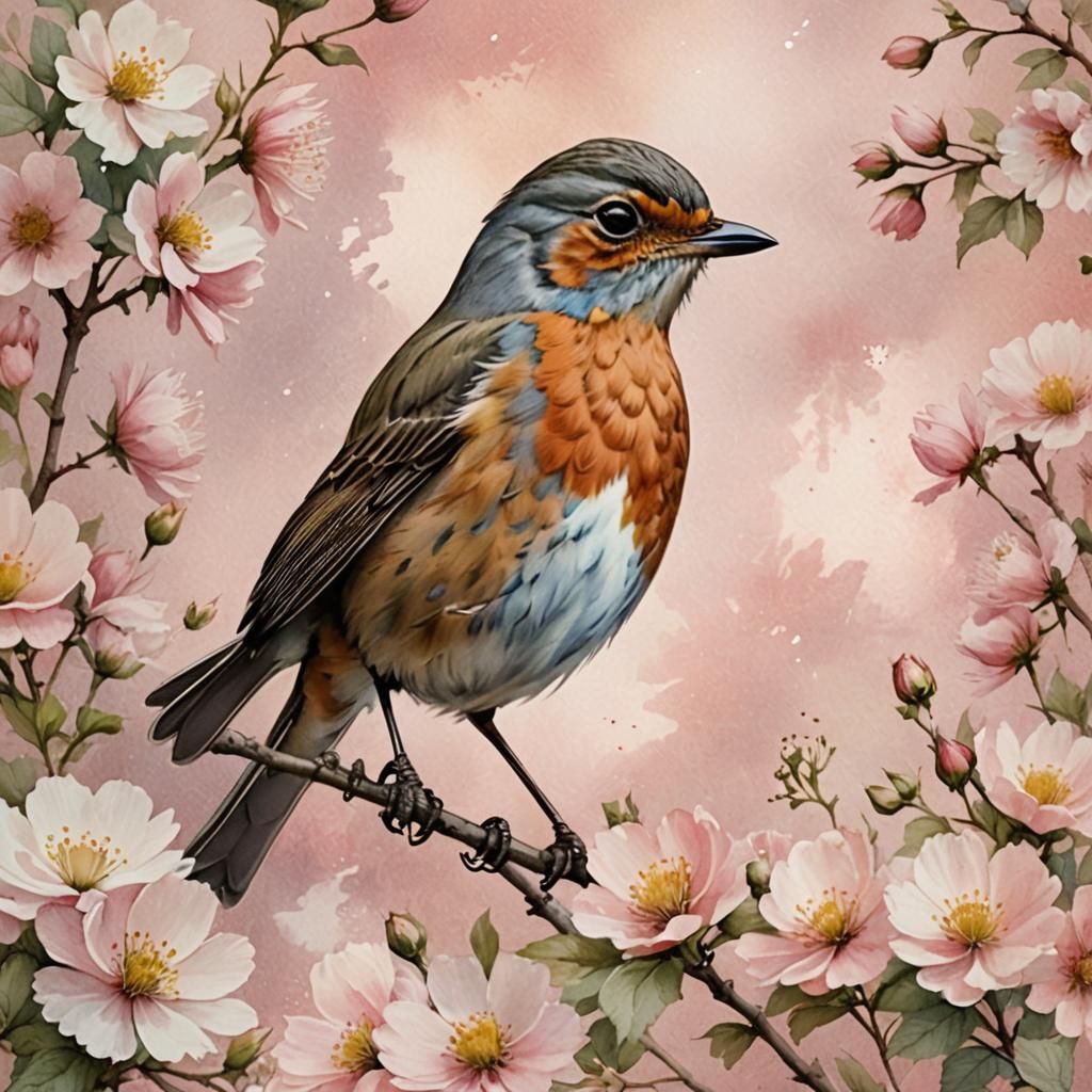 Robin Bird in Pastel Floral Watercolor Wash