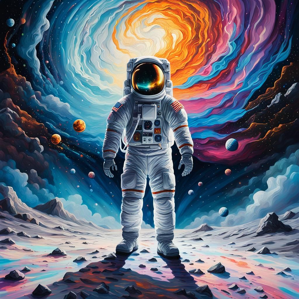 Astronaut in Celestial Storm: Surreal Oil Painting