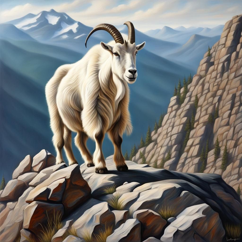 Majestic Mountain Goat: Realistic Detailed Painting