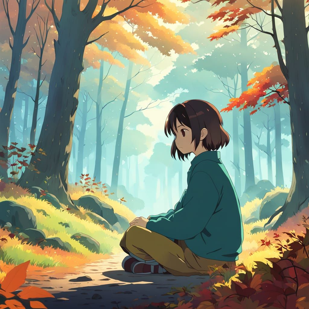 Contemplative Young Woman in Autumn Forest