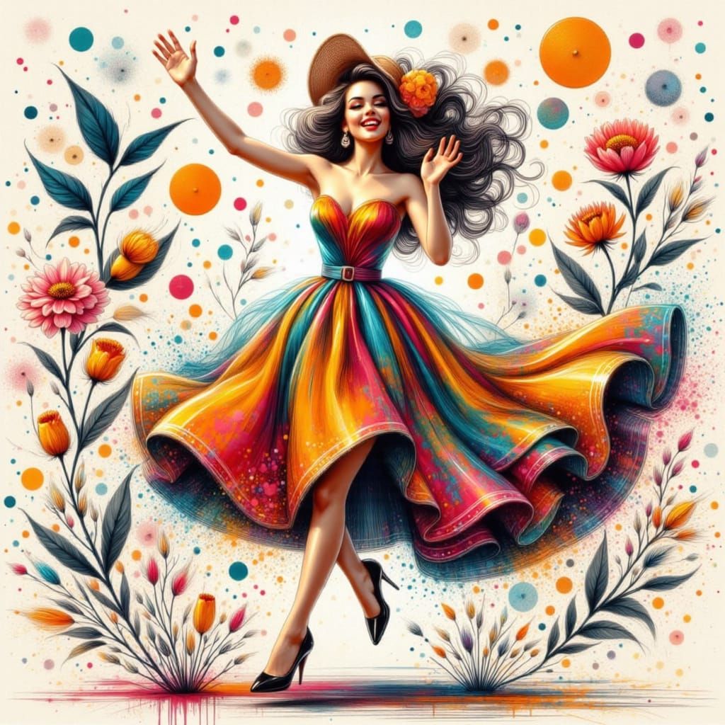 Vibrant Woman Leaps in Joy with Geometric Patterns