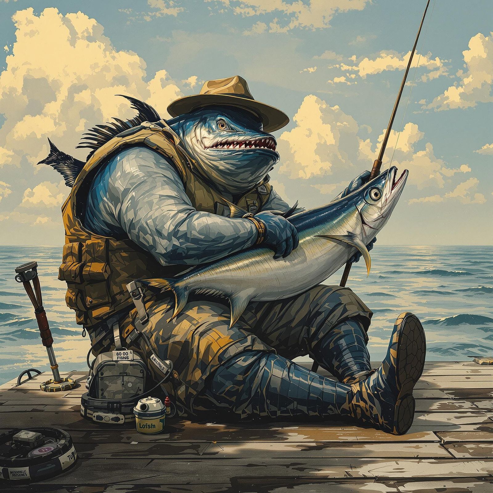 Bluefin Tuna Fisherman Reeling in Human Catch