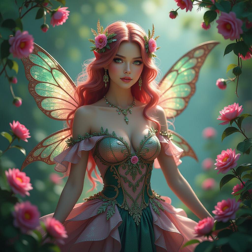 Beautiful Fairy in Rose Gold and Green Attire Amidst Flowers