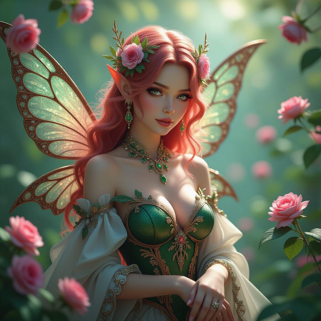 Intricate Fairy in Rose Gold and Green Fantasy Art