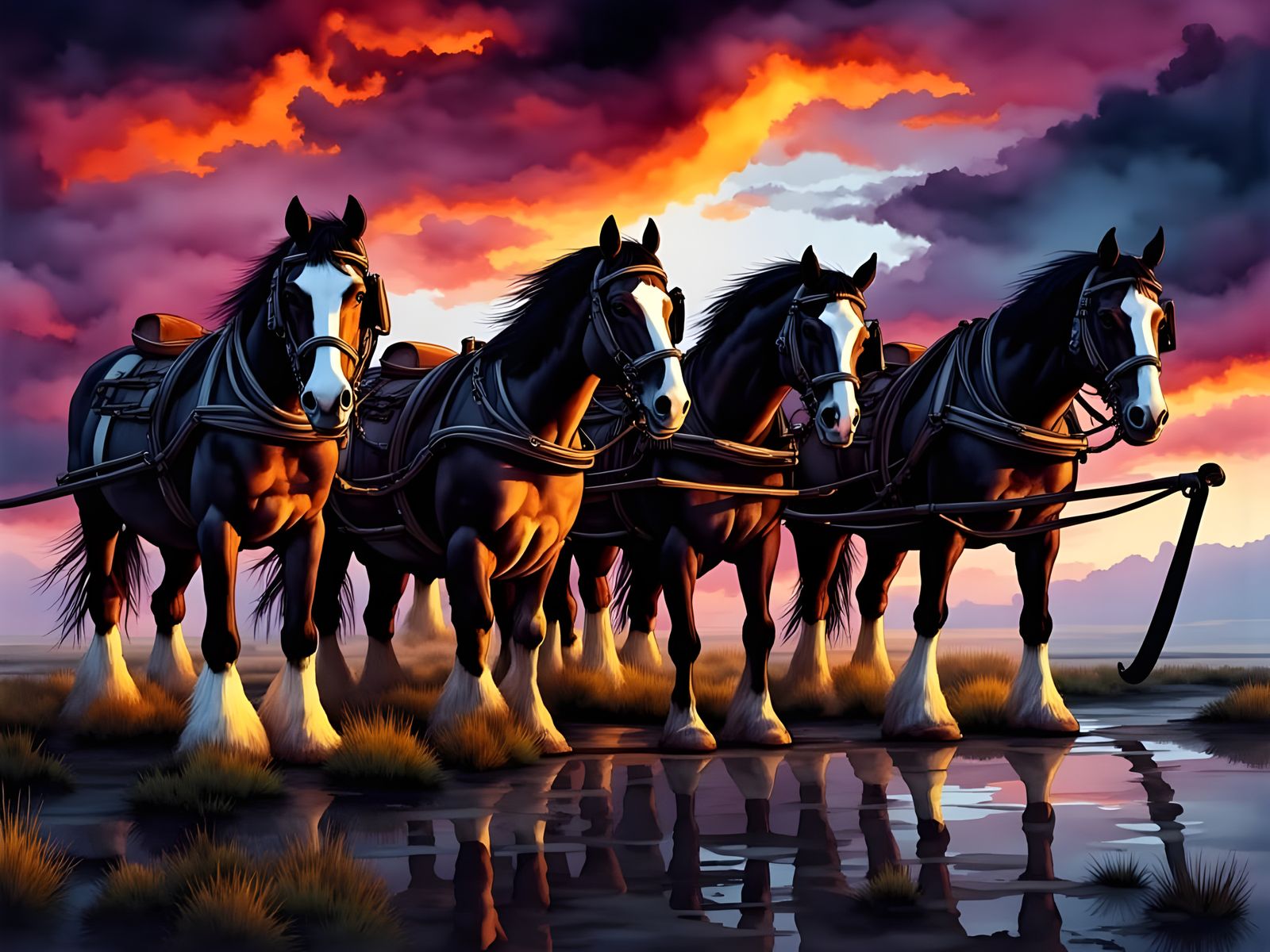 Majestic Clydesdales in a Moody, Neon-Lit Landscape