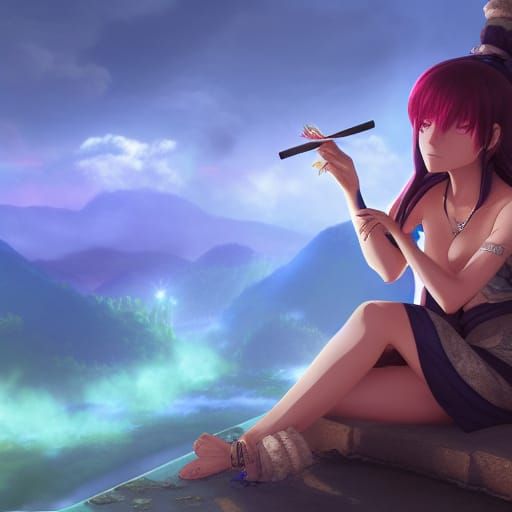 Anime Queen Smoking in Fire: Detailed Matte Painting