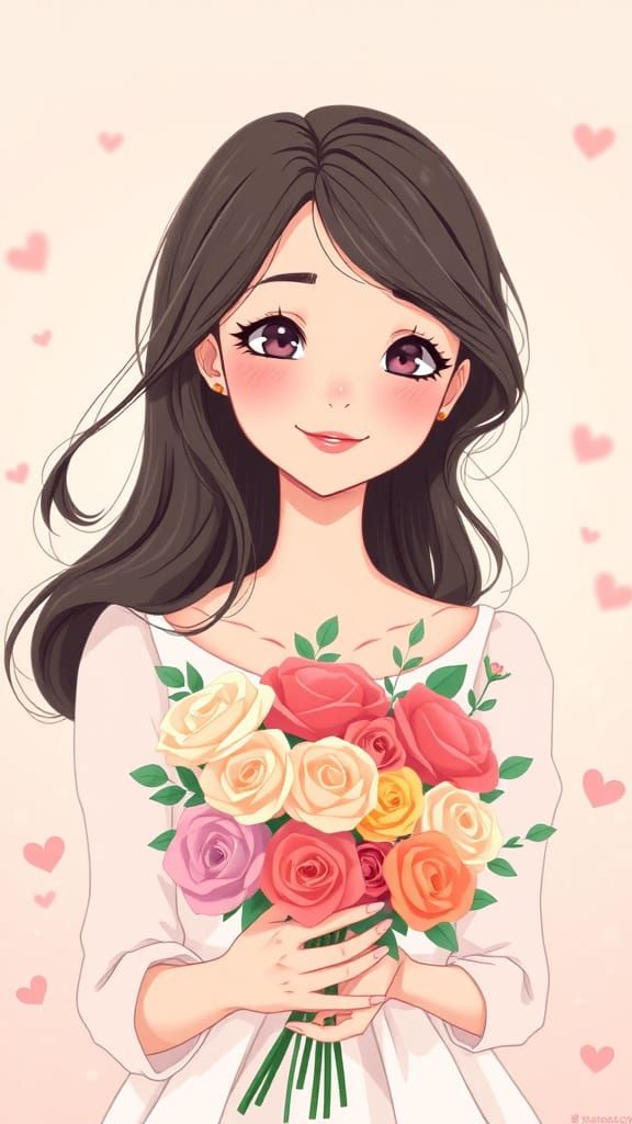 Dreamy Anime Girl with Heart Bouquet