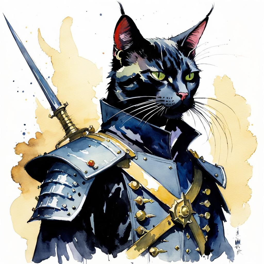 Watercolor Cat Warlord Illustration