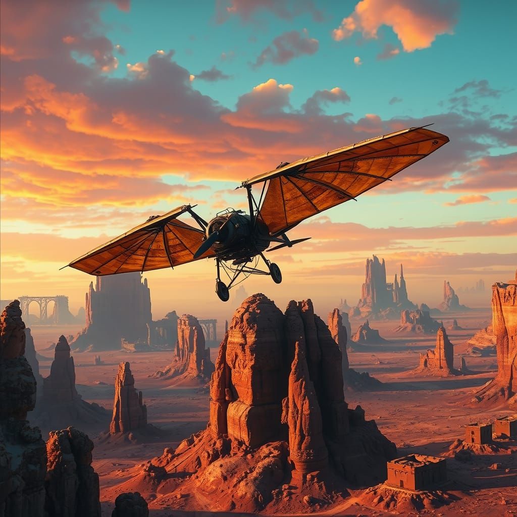 Dieselpunk Ornithopter Soaring Over Wasteland