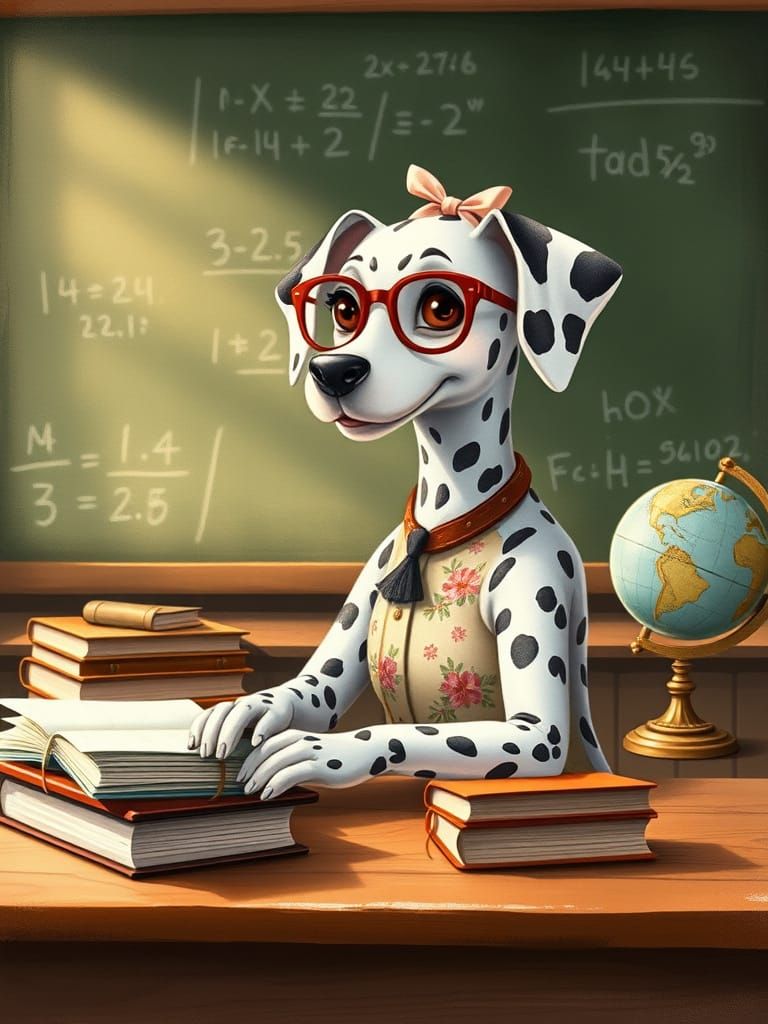 Whimsical Dalmatian Teacher in Enchanted School Setting