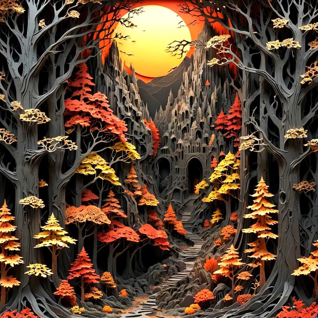 Autumn Forest Paper Art Sculpture in Vibrant Colors