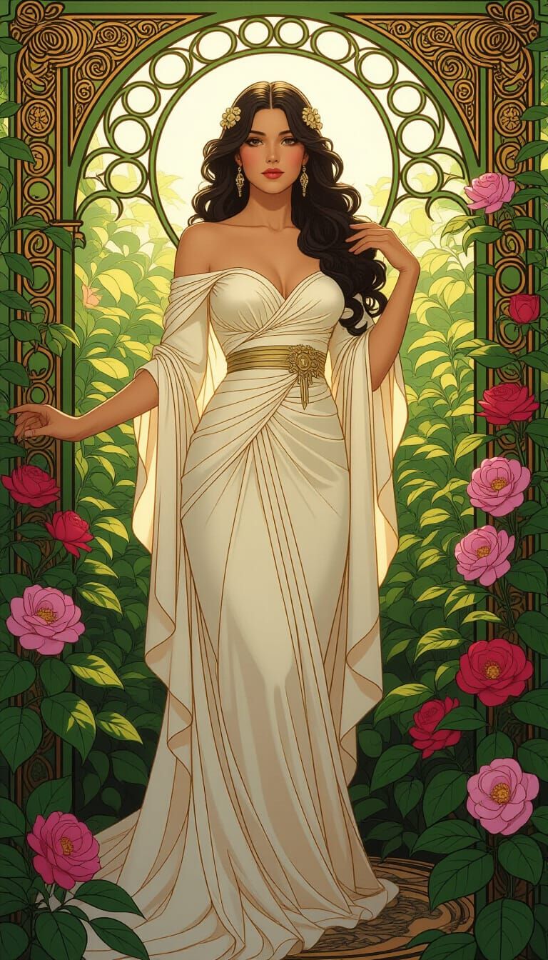 Zahia in Art Nouveau Garden, Alphonse Mucha Style
