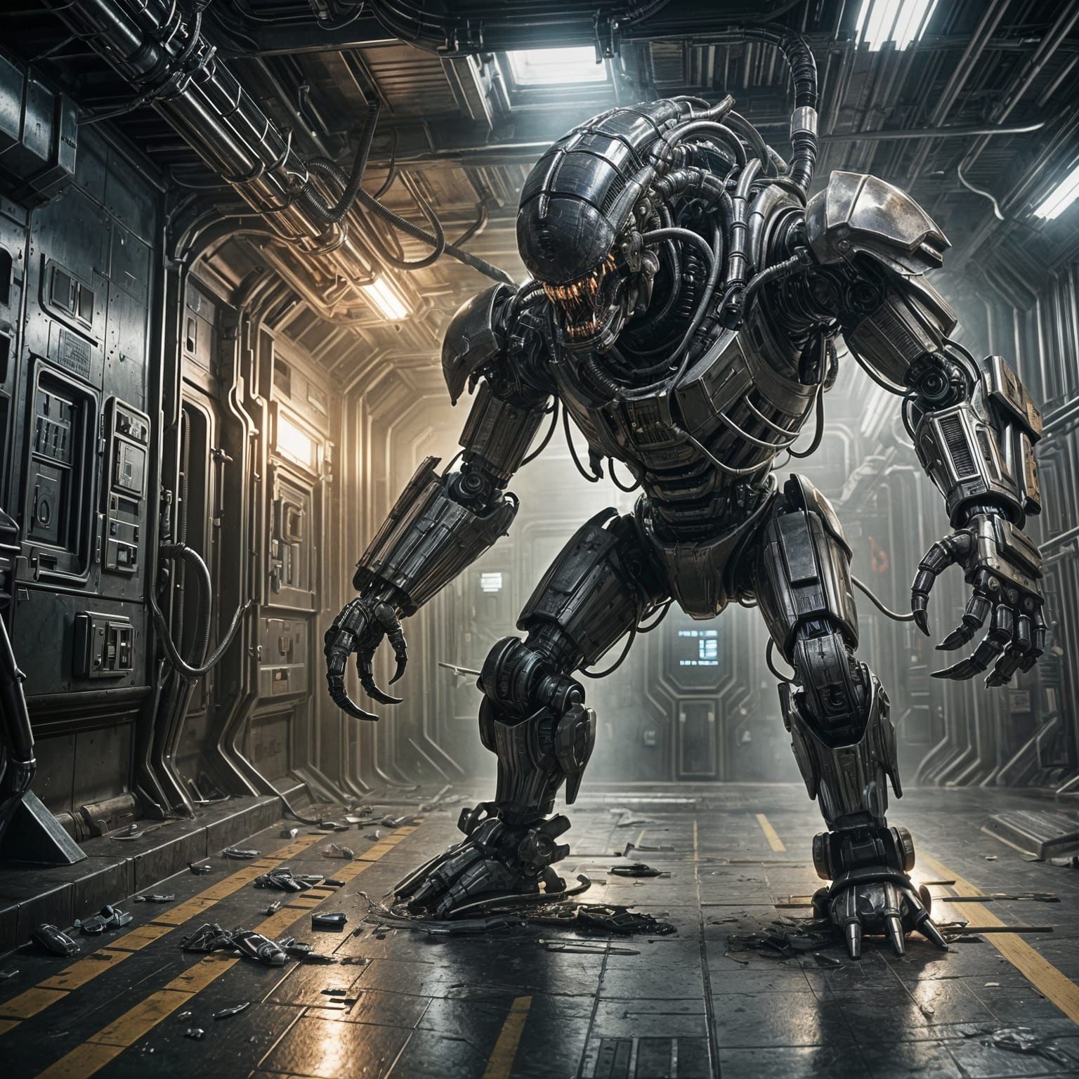 Robotic Behemoth Defeats Xenomorph: Cinematic Film Still