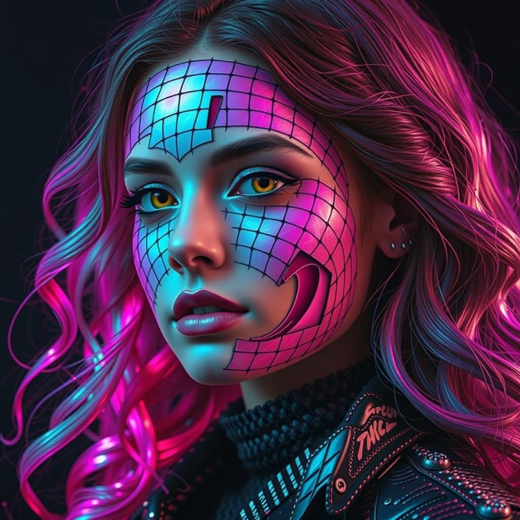 Futuristic Woman with Neon Holographic Face Design