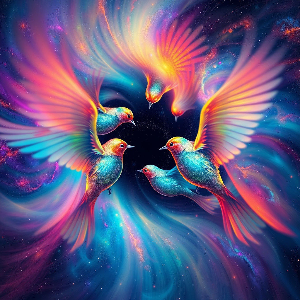 Iridescent Songbird Vortex in Cosmic Surrealism Style