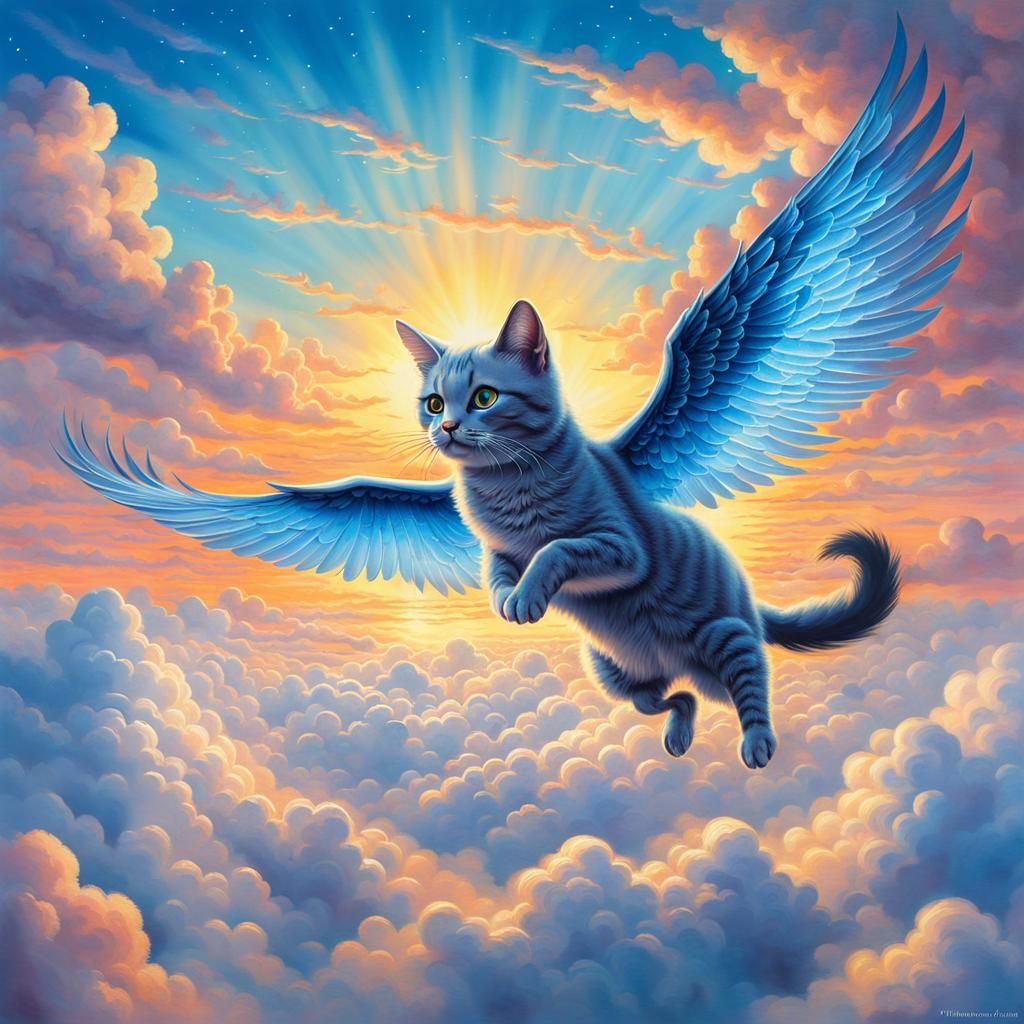 Winged Cat Flying Over Sunset Clouds