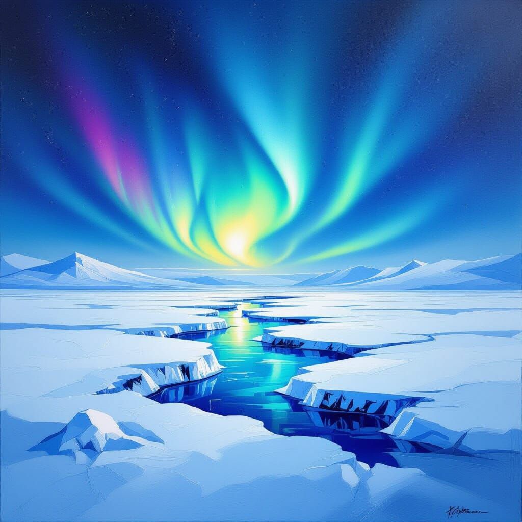 Northern Lights Over Snowy Tundra in Abstract Art Style