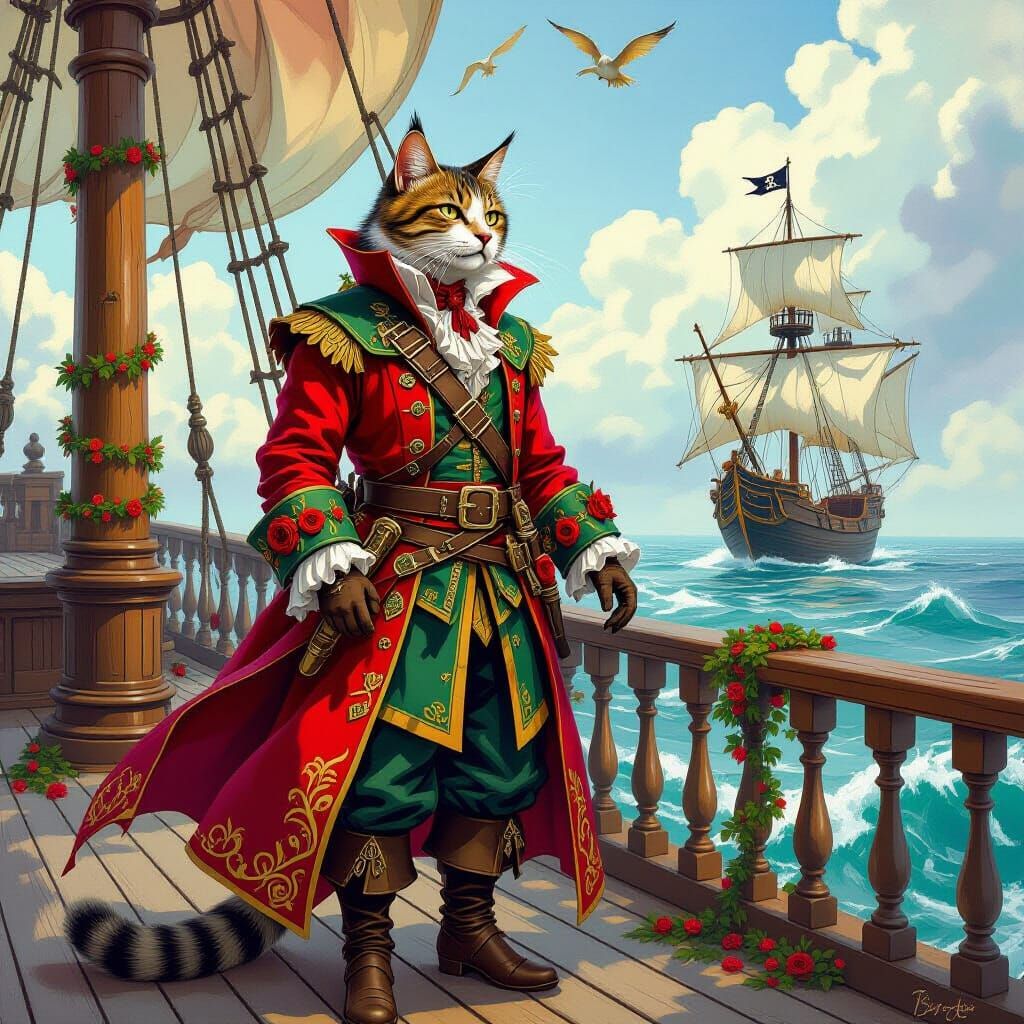 Cat Pirate on Deck in High Fantasy Style