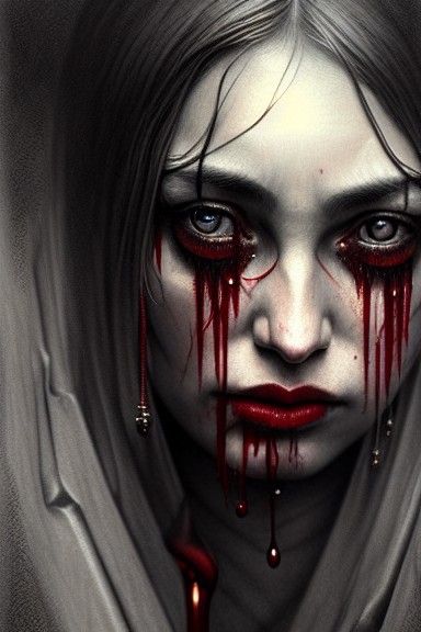Goddess of Madness Crying Blood: Sinister Charcoal Portrait