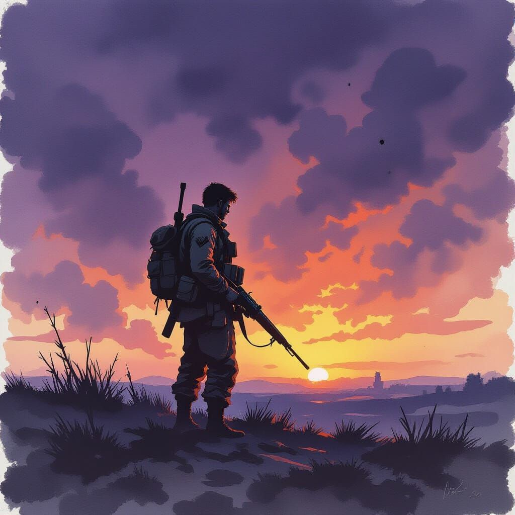 Lone Soldier in Moody Battlefield at Dusk