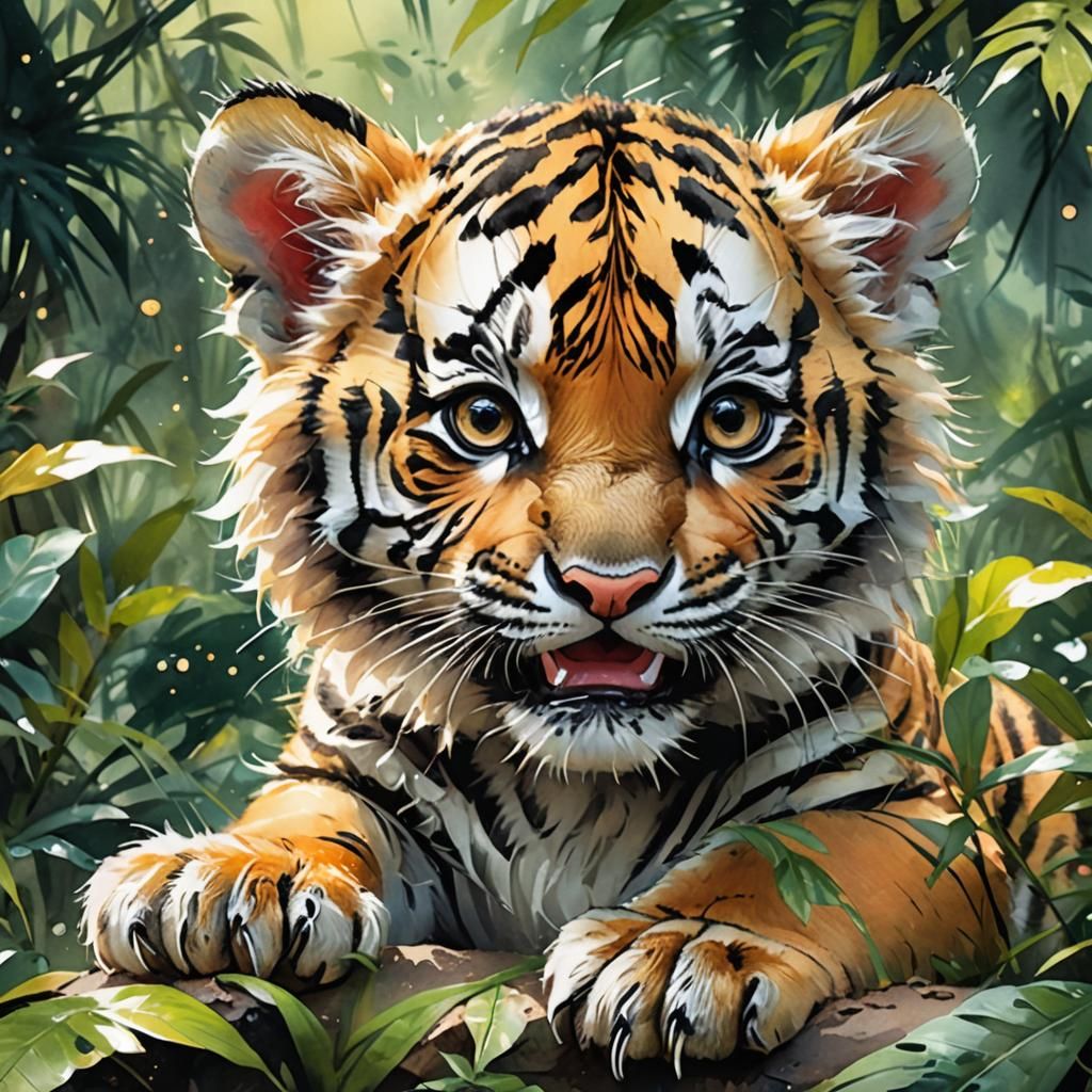 Adorable Baby Tiger Cub in Watercolor Jungle Scene