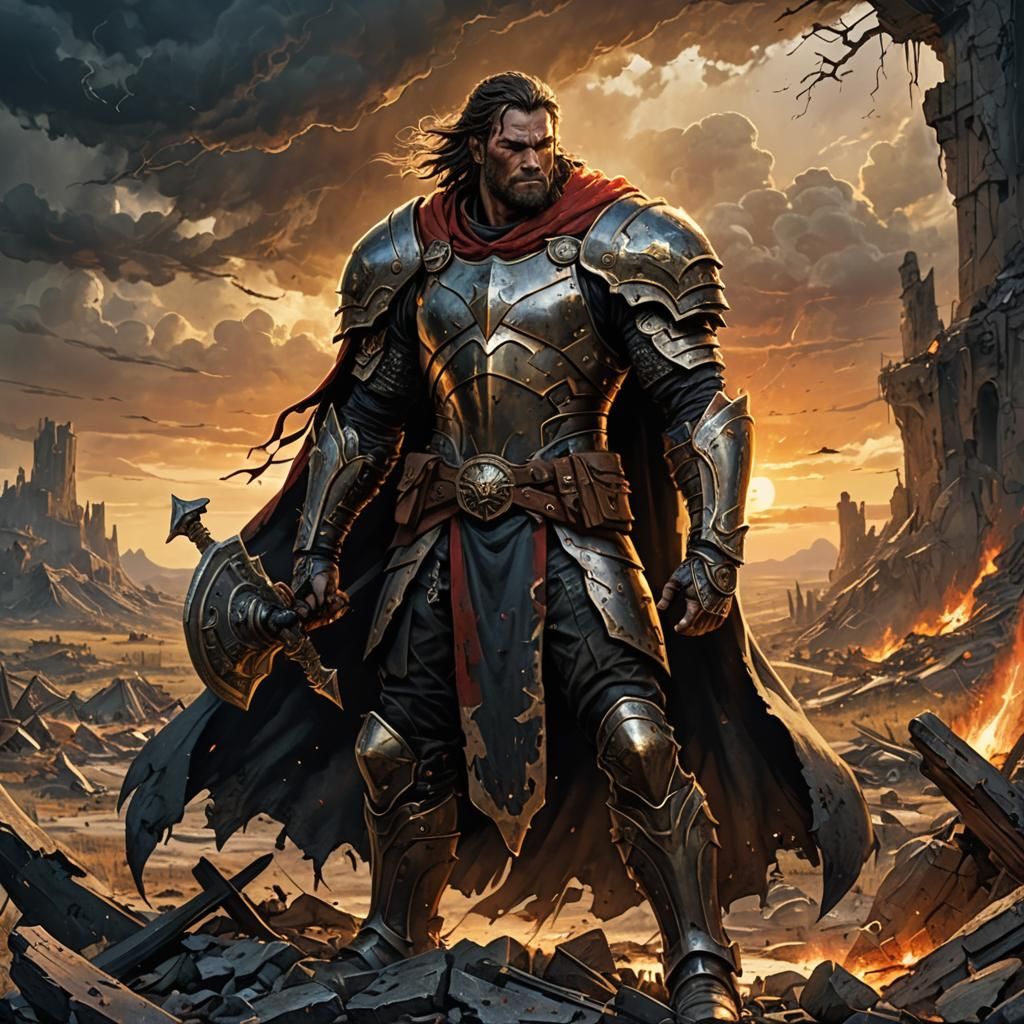 Veteran Warrior in War-Torn Landscape: Dark Fantasy Art