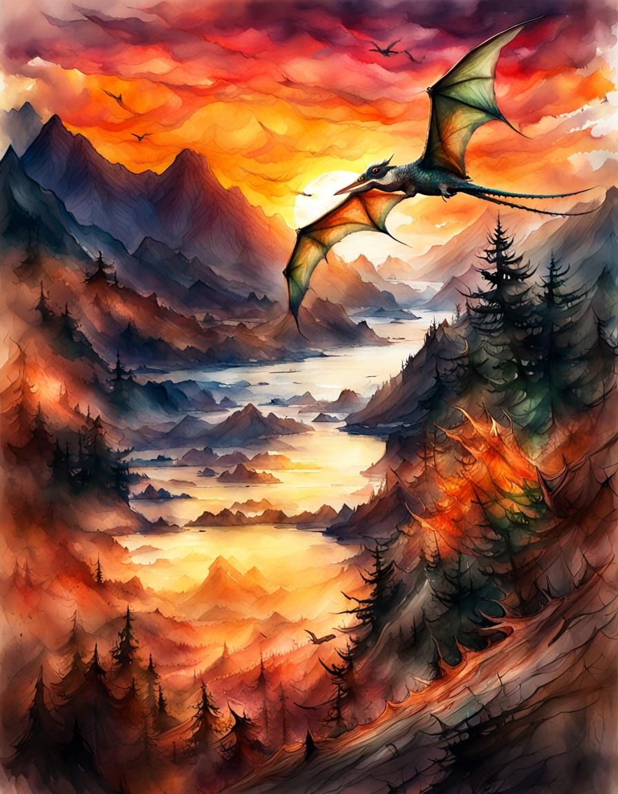 Pterodactyl Sunset: Digital Watercolor Illustration