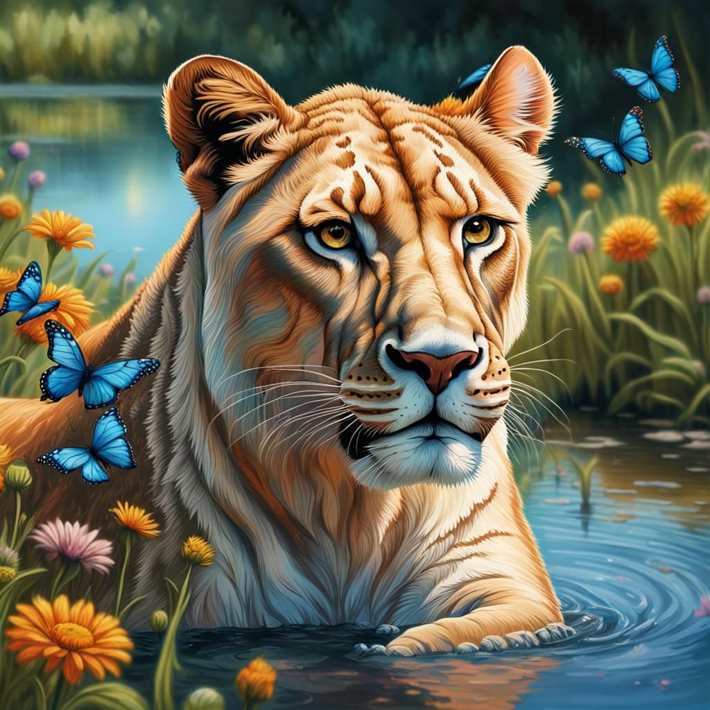 Lioness with Butterfly Wings in Floral Meadow
