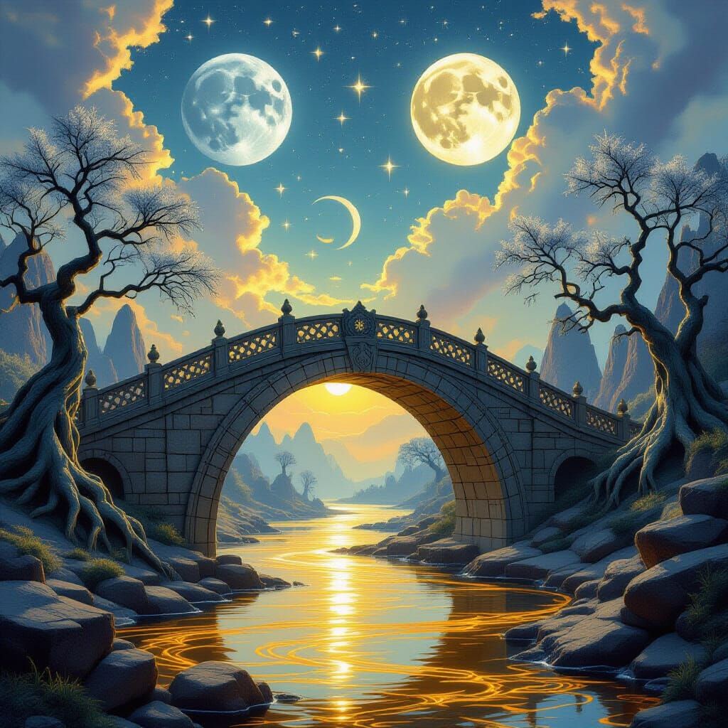 Majestic Stone Bridge Over Molten Gold River with Two Moons