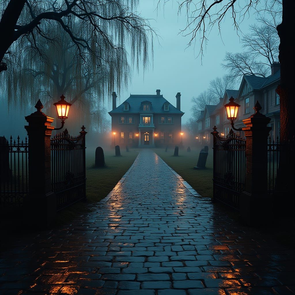 New England Mansion at Rainy Halloween Evening