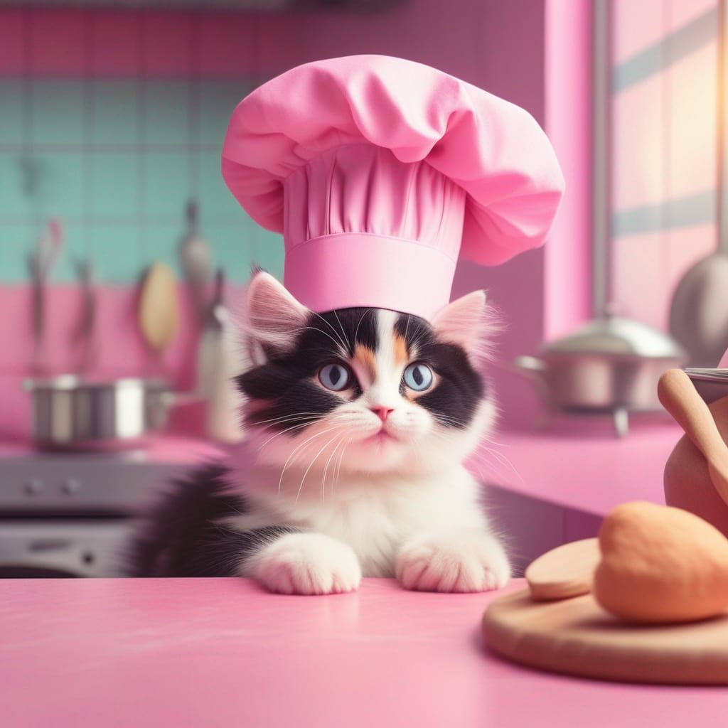 Calico Kitten Chef in 80s Pastel Kitchen