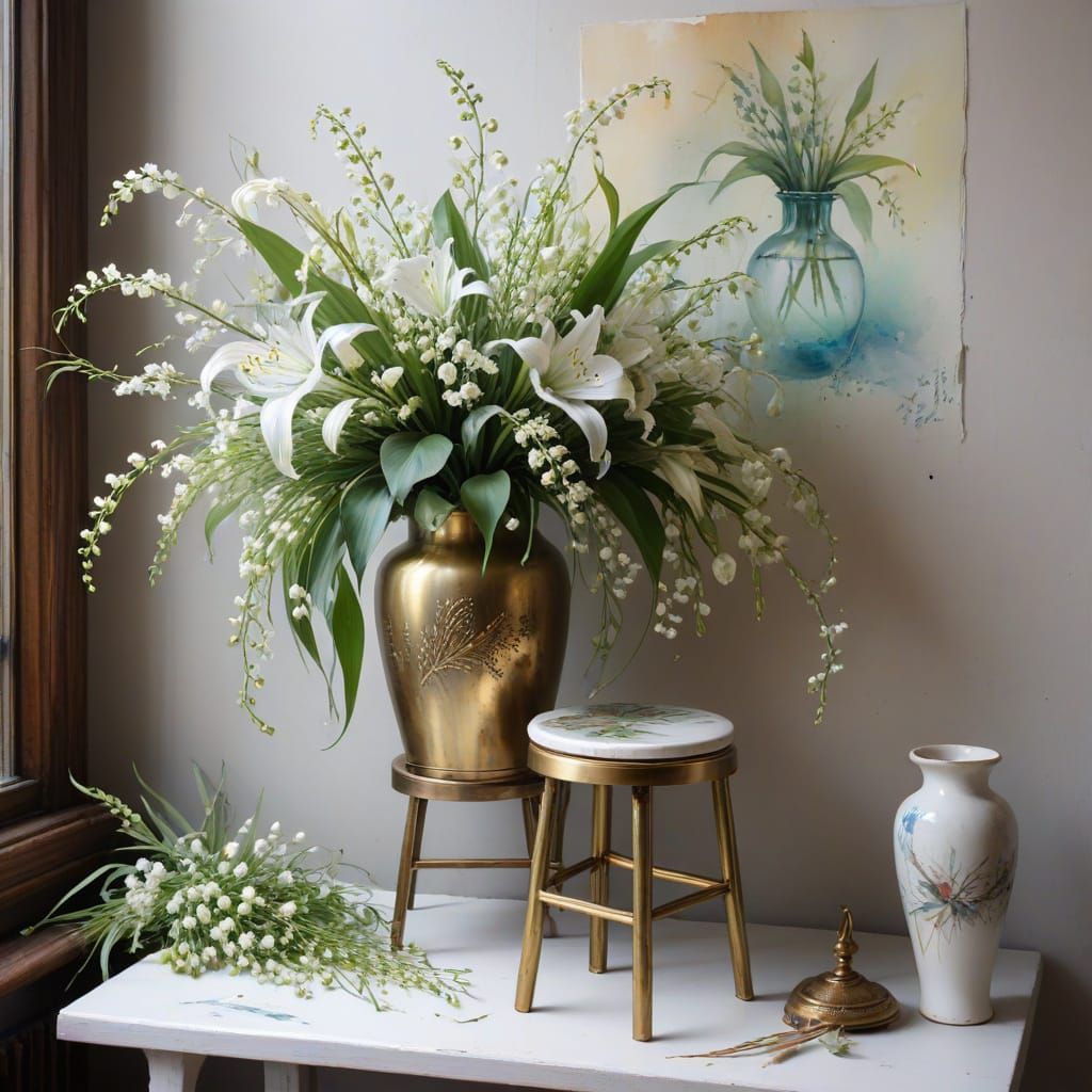 Still Life with Lilies and Brass Vase in Watercolor Style